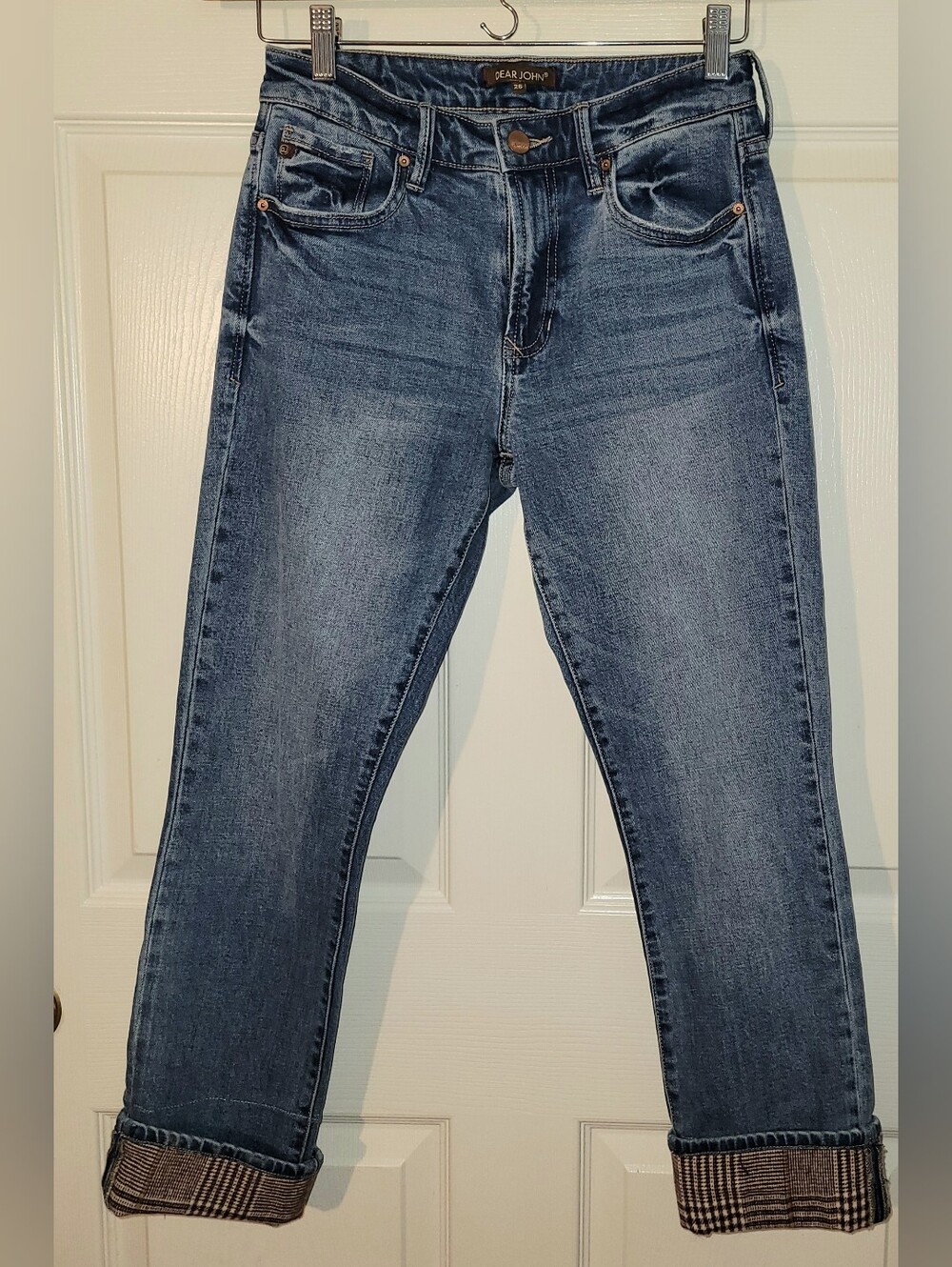 Dear John Retro Y2K Inspired Plaid Cuff Cropped Denim Jeans Size 26 Straight Leg